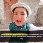Young Pakistani YouTuber Muhammad Shiraz and his father rebuilding a flood-affected elderly man’s damaged home before winter, showing compassion and community support.